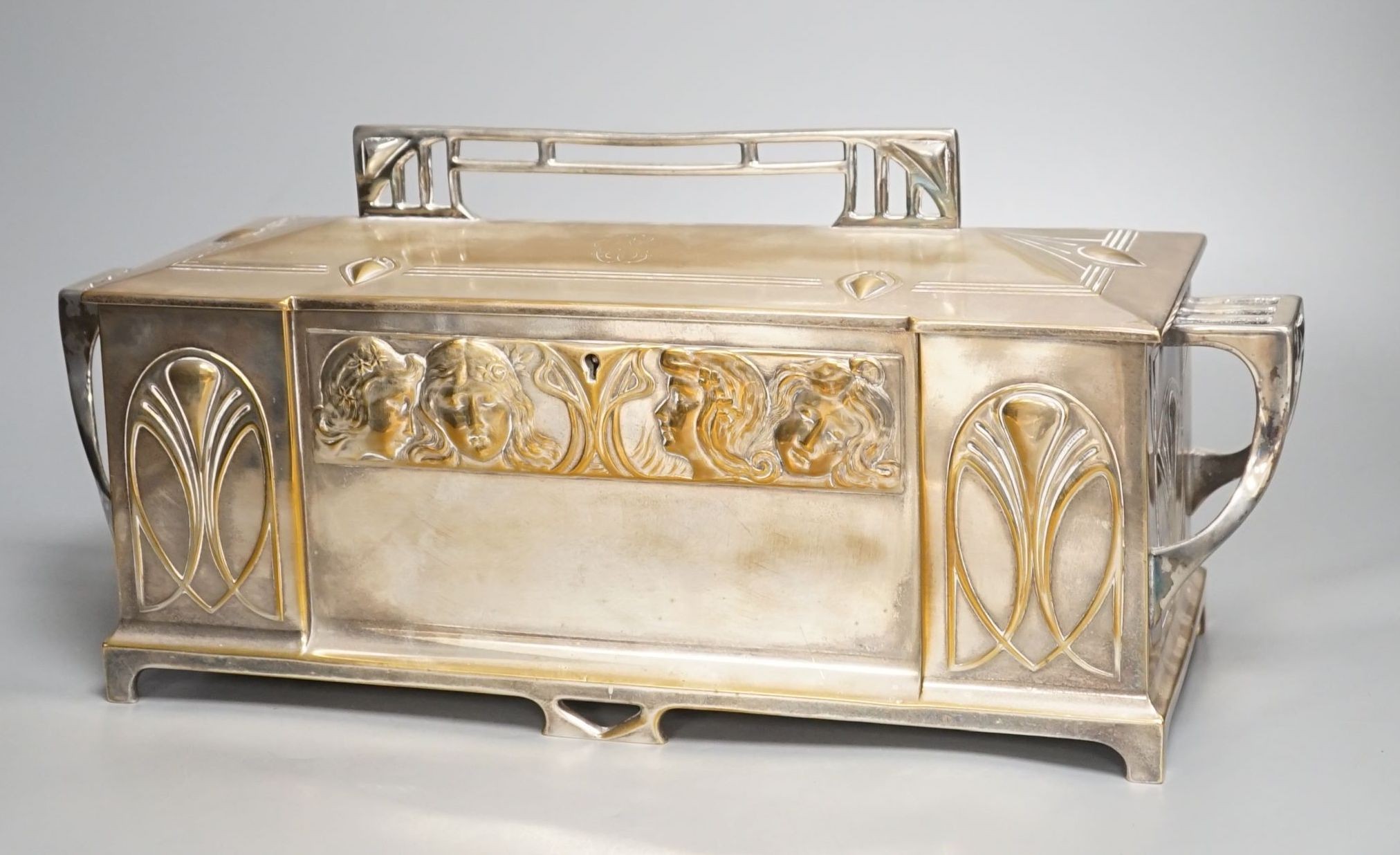 A large WMF Jugendstil plated two handled casket- 42 cms wide.